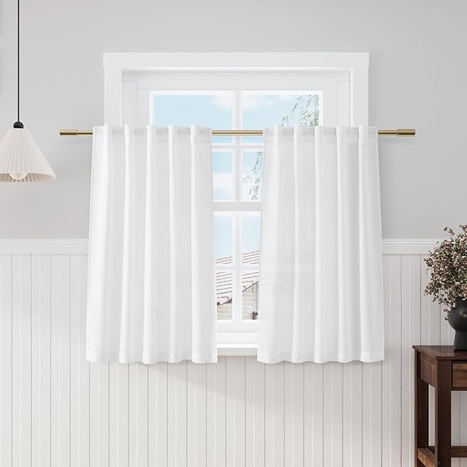 White Cafe Curtains 45 Inch Length Set 2 Panel Back Tab Pocket Semi Sheer Short by Nanspring