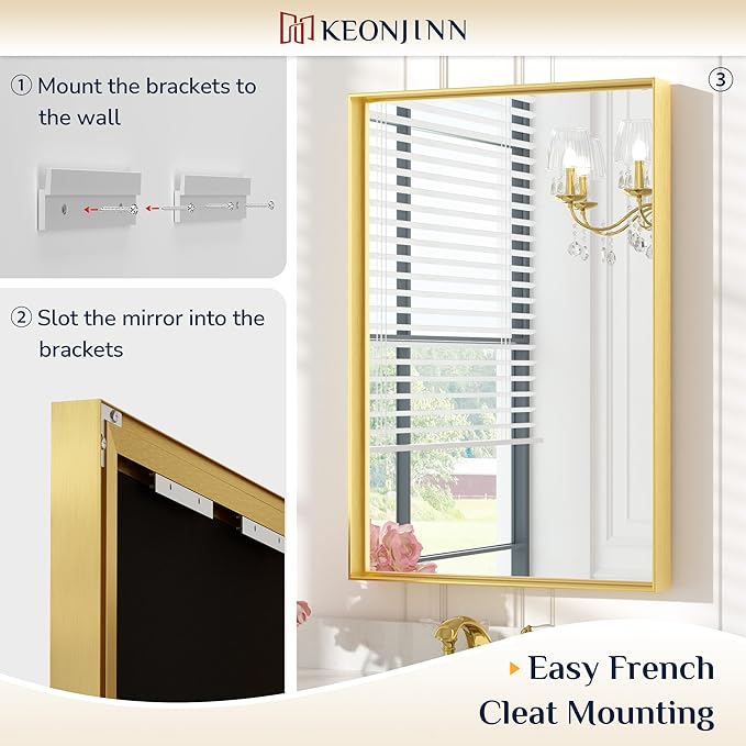 Keonjinn 30 x 36 Inch Brushed Gold Bathroom Mirror Metal Framed Rectangle Wall Gold Vanity Mirror for Bathroom Gold Rectangle Mirror for Bathroom Over Sink(Horizontal/Vertical)