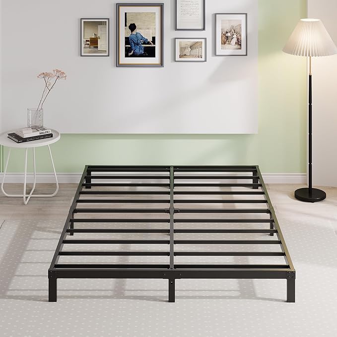 EMODA Queen Bed Frame No Box Spring Needed 6 Inch Heavy Duty Metal Platform BedFrame Queen Size with Steel Slats, Easy Assembly, Black
