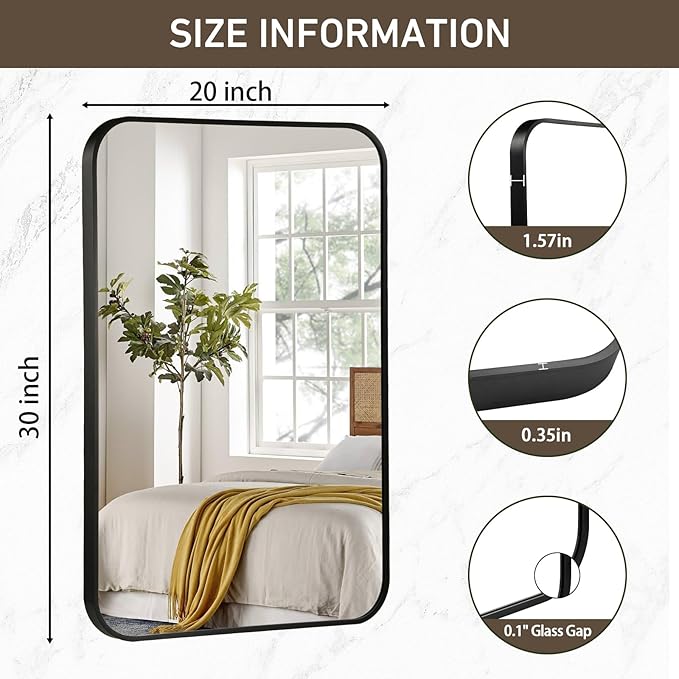 Black Bathroom Mirror, 20x30 Inch Matte Black Mirror, Aluminum Alloy Framed Vanity Mirror, Rounded Rectangle Bathroom Mirror for Over Sink, Anti-Rust Wall Mirror (Horizontally or Vertically)