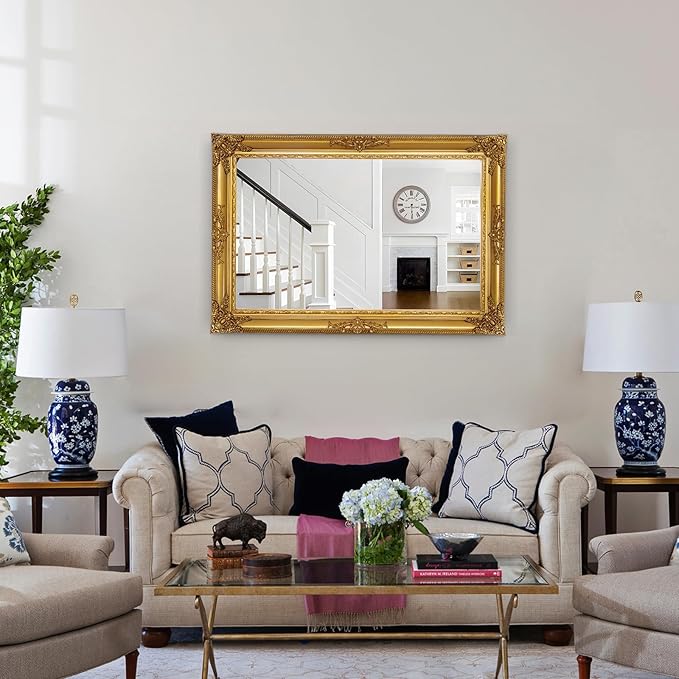 Large Antique Wall Decorative Mirror, 29.5" x 41" Gold Traditional Baroque Inspired Wall Decor Mirror, Vintage Wall Mirrors for Bedroom, Entryway, Dining Room, Fireplace