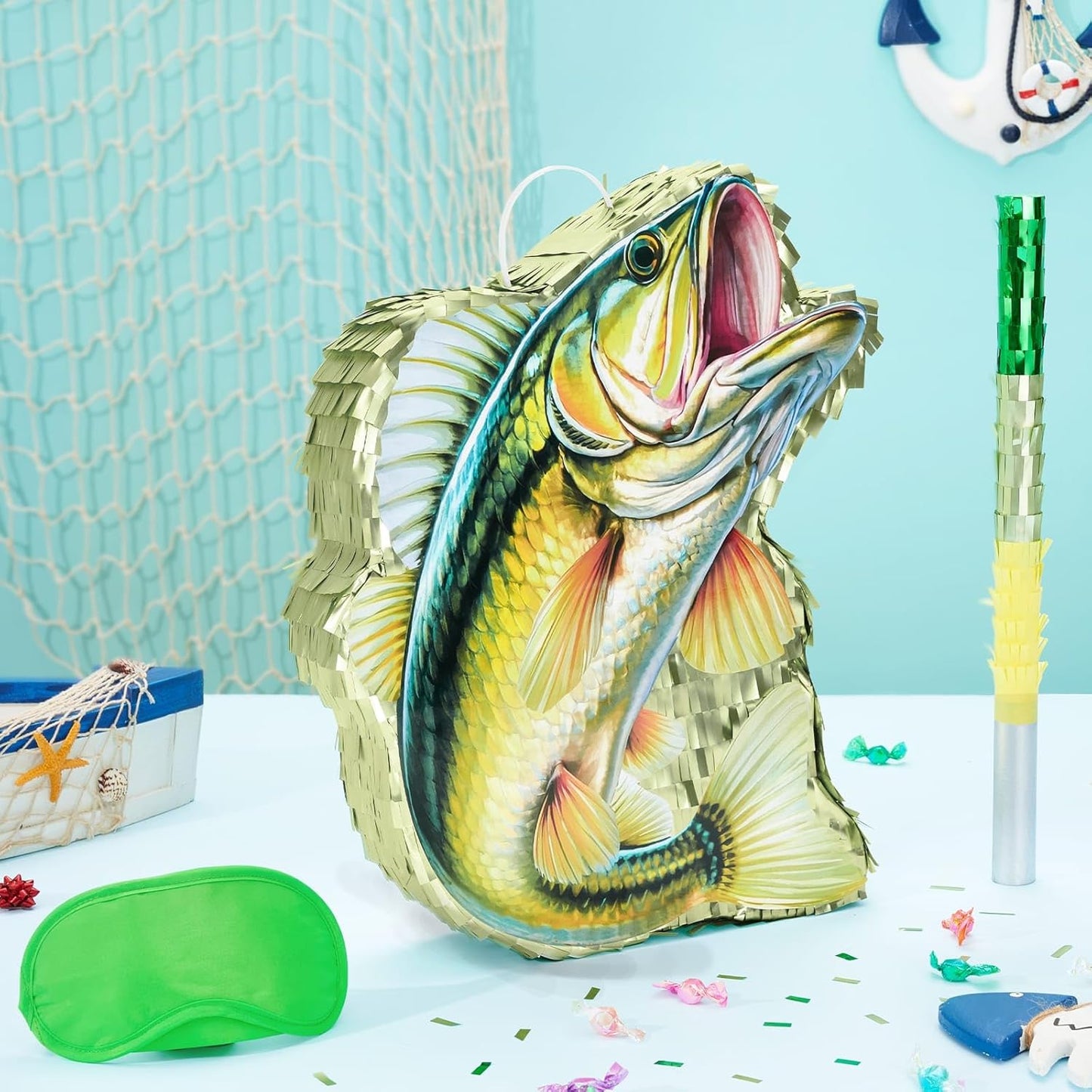 WERNNSAI Fish Piñata - Fishing Game Pinata Ocean Pinata Under the Sea for Boy Adult Party Decoration Summer Pool Party Game Supplies Favors with Bat Blindfold