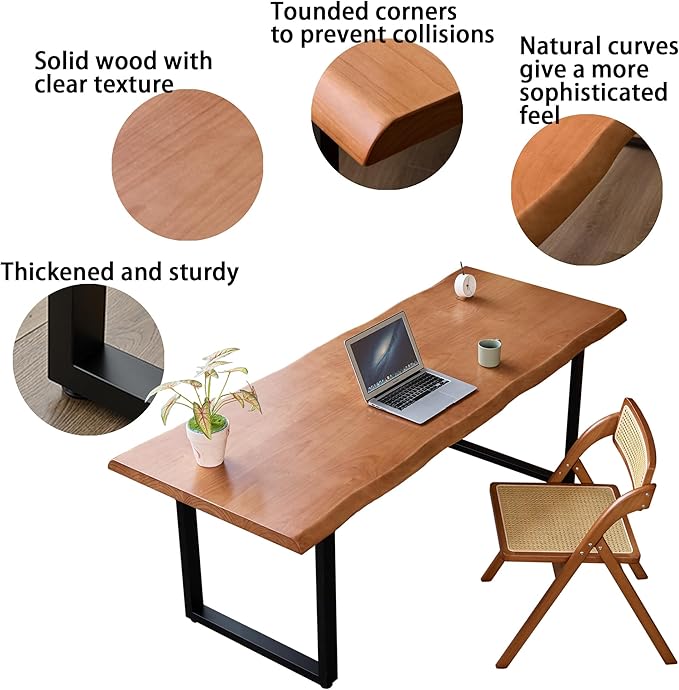 Stylish Solid Wood Office Desk with Sturdy Metal Base - Durable Executive Computer Desk or Dining Table in Multiple Sizes - Perfect for Home Office and Work Environments (Tan62.99in)