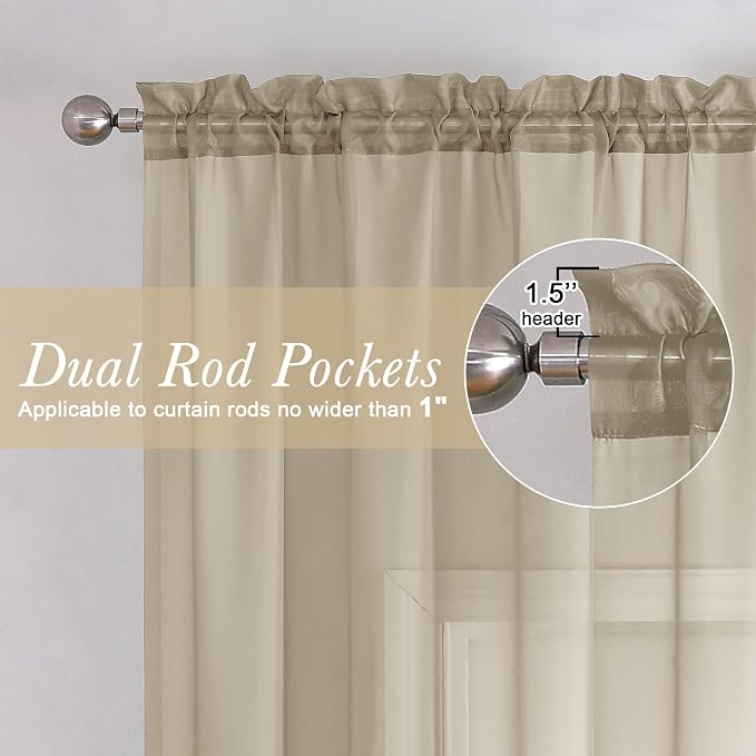 Lecloud Taupe Sheer Curtains 90 Inches Long 2 Panels, Elegant Light Filtering - Image 2
