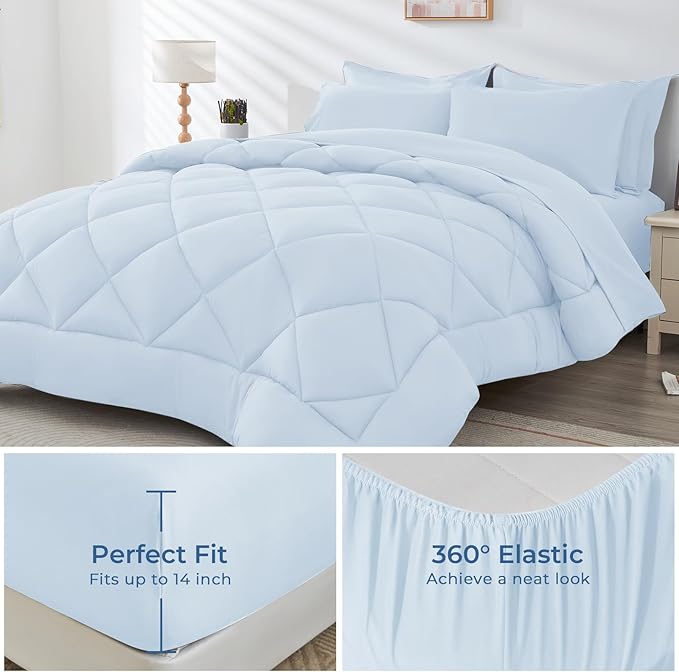 HEVUMYI Light Blue Queen Comforter Set - 7-Piece All Season Bed in a Bag Queen, Ultra Soft Bedding Set with Comforter, Flat Sheet, Fitted Sheet, Pillowcases, Pillow Shams