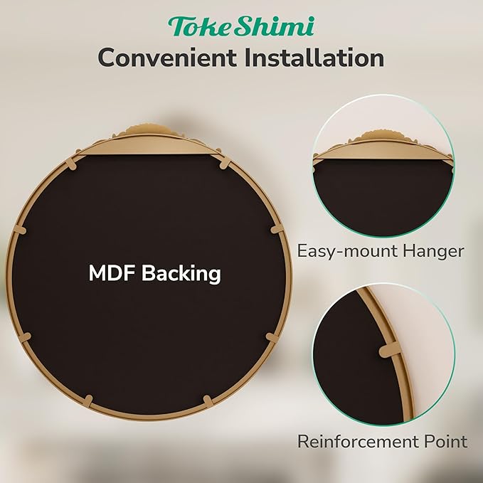TokeShimi 24x24 Vintage Round Mirror with Metal Frame,Antique Round Gold Mirror for Wall,Bedroom,Fireplace,Baroque Vanity Mirror Wall-Mounted French Cleat Mounting