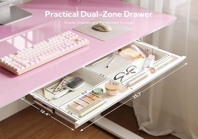 INNOVAR Glass Standing Desk with Drawers, Adjustable Height Electric Stand Up Desk, Small Standing Desks with Storage, 40 inch, Morandi Powder