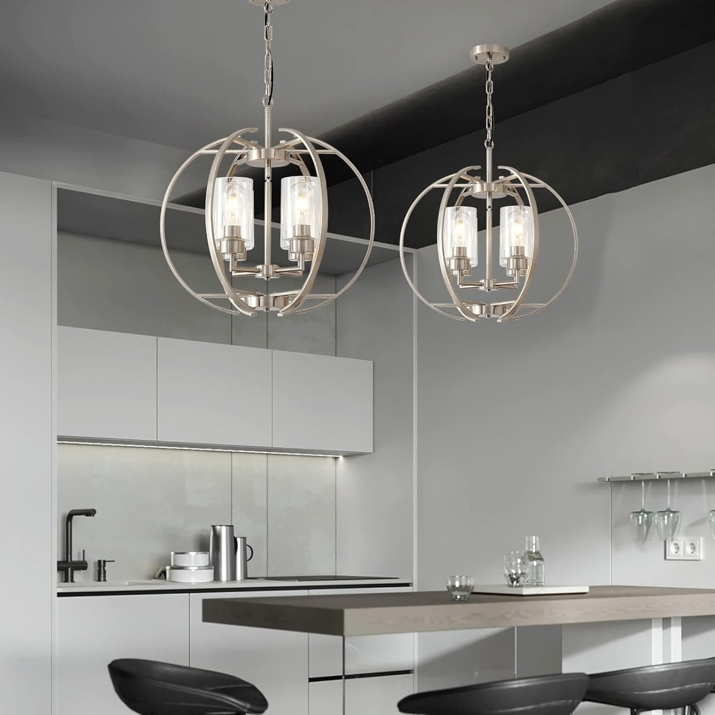 Large Lantern Globe Brushed Nickel Chandelier Lighting, Adjustable Hanging Ceiling Pendant 4 Light for Kitchen, Dining Room, Living Room, Hallway, Bedroom