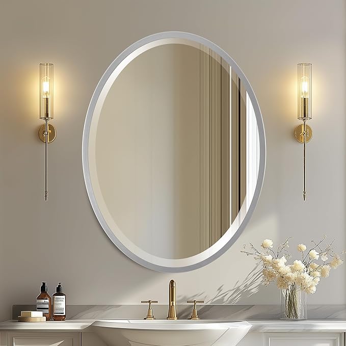 OVALCREST - Oval Wooden Beveled Wall Mirror for Home Decor, Bathroom, Vanity, Bedroom, Living Room, Hallway - London Style (Silver Spray) 19.1 x 25.1