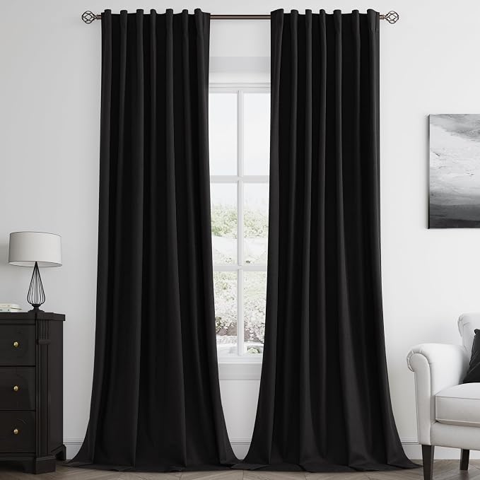 Guken Black 100% Blackout Linen Curtains 102 Inch Length 2 Panels Set by Guken