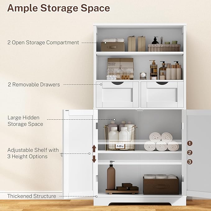 Iwell Tall Bathroom Cabinet, Storage Cabinet with 2 Drawers & Adjustable Shelves, Bathroom Storage Cabinet for Living Room, Dining Room, Entryway, White