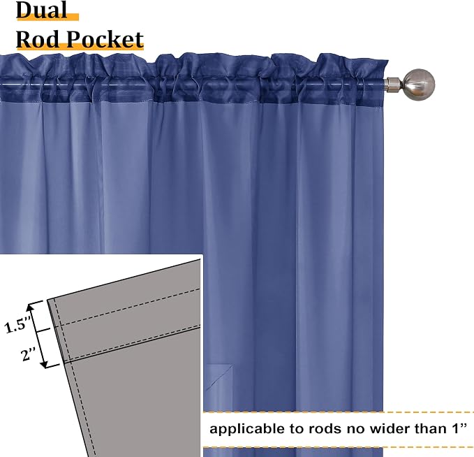 Aiyufeng Royal Blue Sheer Curtains 63 Inch Length 2 Panels Set, Semi - Image 2