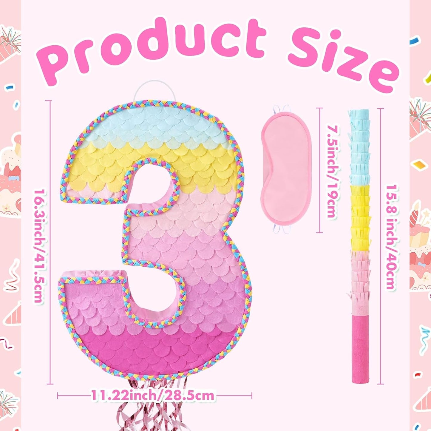 WERNNSAI Pink Sweet Three Pinata - Number 3 Pinata Happy Birthday Decoration Pink Rainbow Design Party Games for Girl Princess Baby Shower Party Favor with Blindfold Anniversary Celebration Supplies