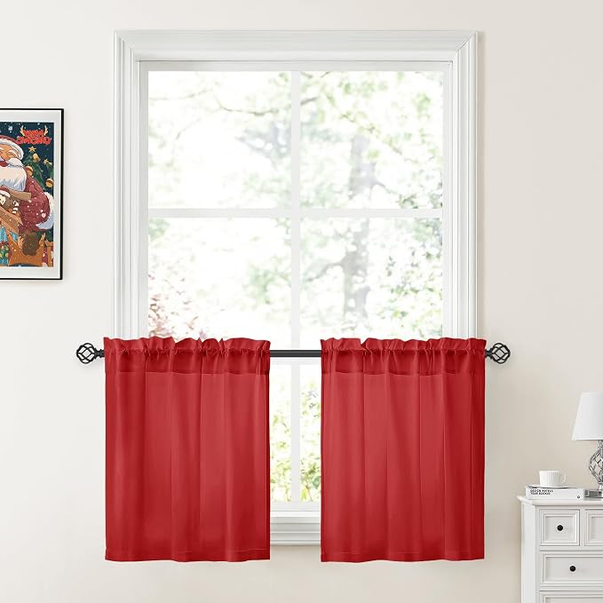 HOMEIDEAS Christmas Non-See-Through Red Privacy Sheer Kitchen Curtains by HOMEIDEAS