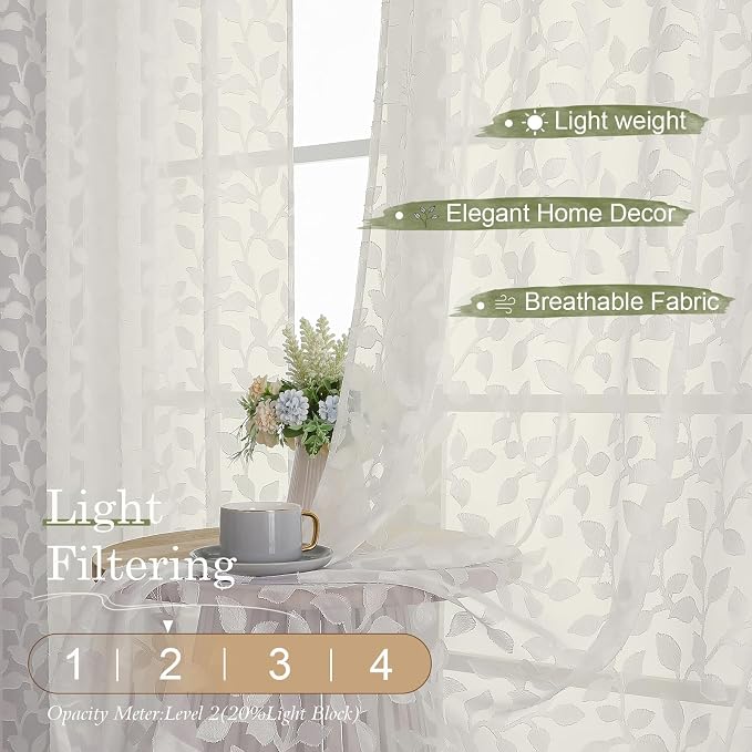 Chyhomenyc Ivory Sheer Curtains 63 Inch Length 2 Panels Set, Light Filtering - Image 2