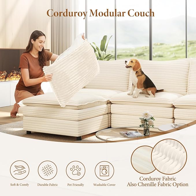 Vesgantti Large Modular Sectional Sofa, Big Comfy Cloud Couch with Ottoman Deep Seat Corduroy Cloud Sofa, 9 Seater Large Sectional Couches for Living Room, Bedroom and Apartment, Beige