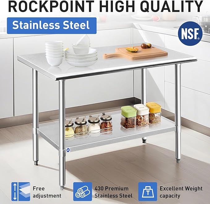 ROCKPOINT Stainless Steel Table for Prep & Work 24x48 Inches, NSF Metal Commercial Kitchen Heavy Duty Table with Adjustable Under Shelf and Table Foot for Restaurant, Home and Hotel