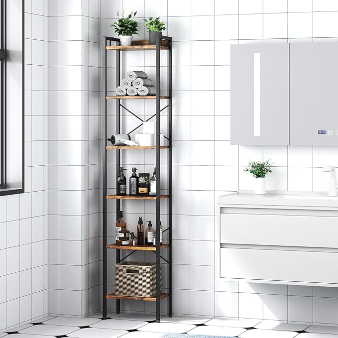 5 Tier Bookshelf, Bookcase with 5 Shelves, Storage Rack Organizer, Corner Wood Storage Shelf with Metal Frame for Bedroom, Living Room (Rustic Brown)