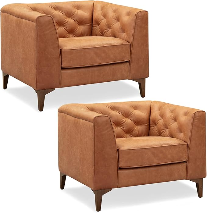 Poly & Bark Essex Lounge Chair - Leather Chair with Tufted Back - Full-Grain Living Room Armchair with Feather-Down Topper - Vintage Italian Leather in Cognac Tan - Set of 2
