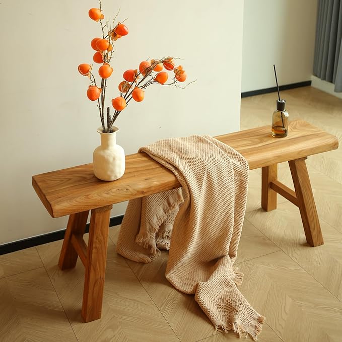 55.1in Wood Bench Indoor – Rustic Farmhouse Entryway Bench, Skinny Bench Design, Made of Extra-Thick Solid Wood, Perfect for Dining Room, Hallway, or End of Bed