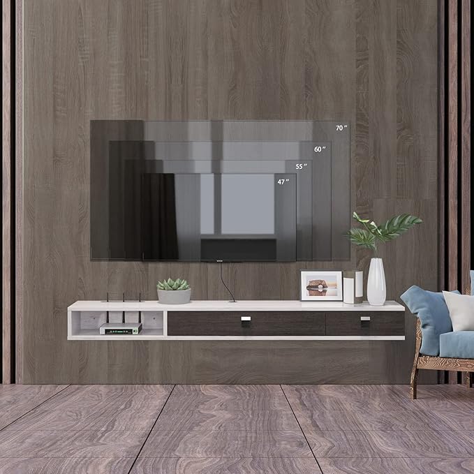 Pmnianhua Floating TV Shelf,70'' Wall Mounted Floating TV Stand Unit Media Console Wall TV Console Cabinet Media Entertainment Shelf with 2 Doors for TVs up to 75 inch (Greyish-White)