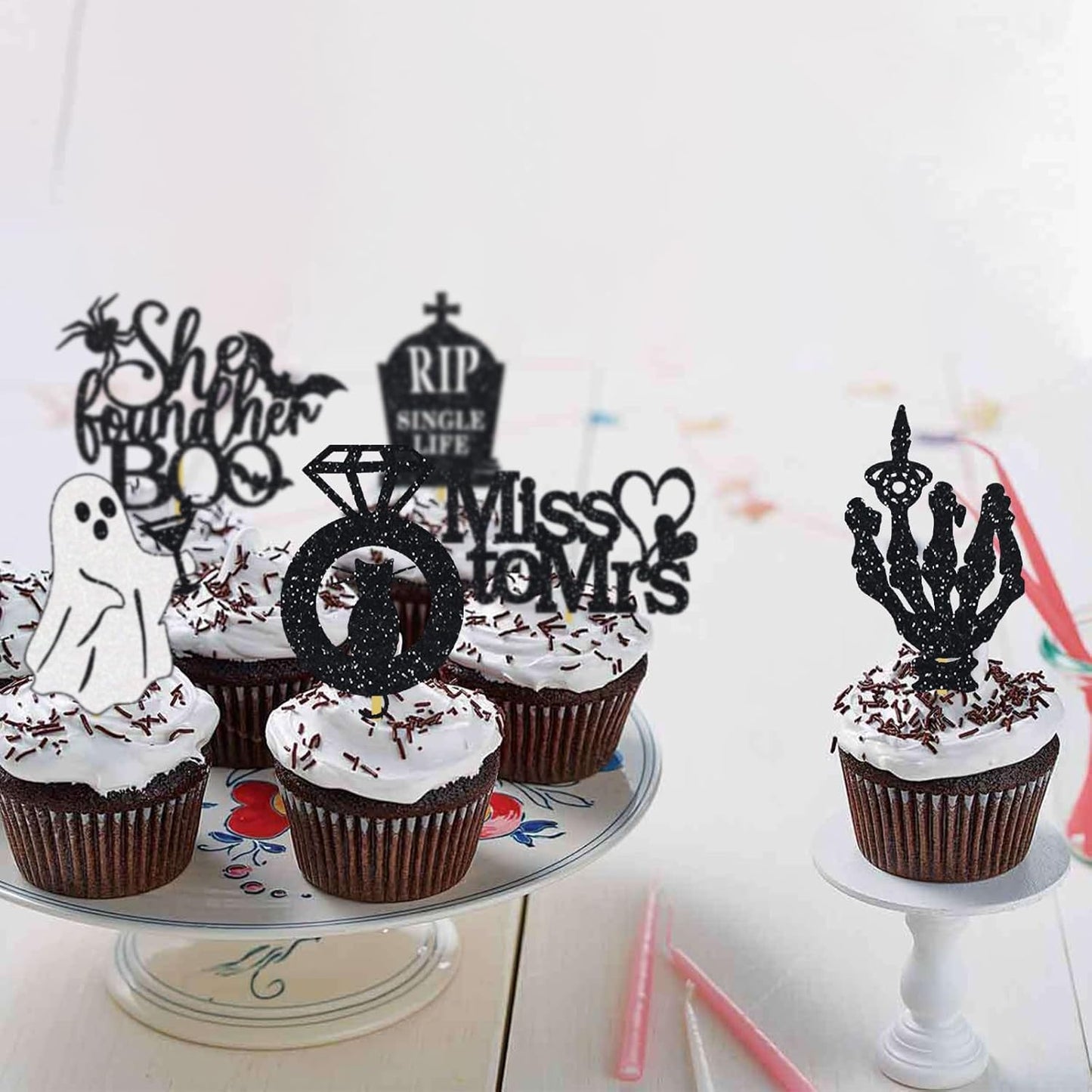 Halloween Bachelorette Cupcake Topper She Found Her Boo Rip Single Life Miss To Mrs Ring Cat Skull Finger Engagement Party Decorations White