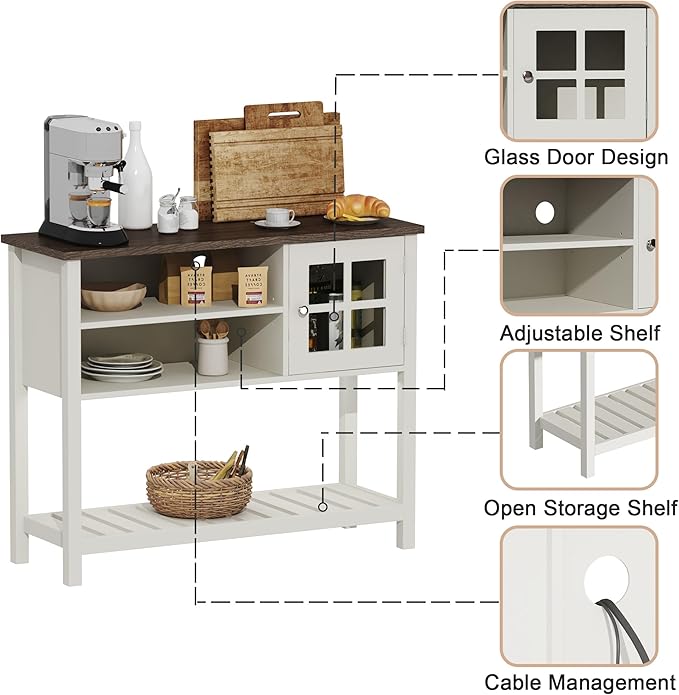 ChooChoo Farmhouse Coffee Bar Cabinet, Buffet Cabinet with Storage, Sideboard Buffet with Glass Door, Console Table for Kitchen, Hallway, Entrance, White