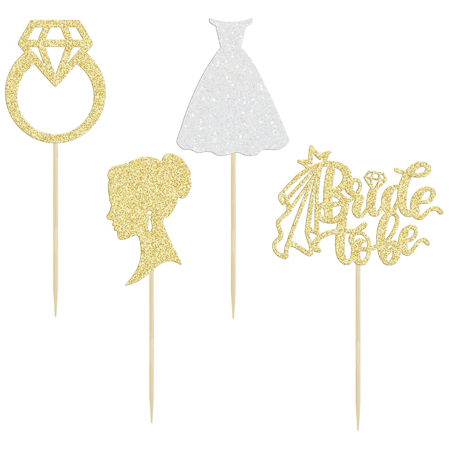 Gyufise 24 Pack Gold Glitter Bride To Be Cupcake Toppers with Diamond Bride Tulle Dress Cupcake Toppers for Bridal Shower Supplies Wedding Engagement Bachelorette Party Decorations