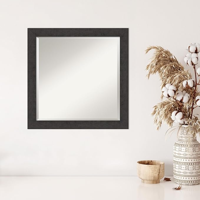 Amanti Art Brown Wall Mirror 24x24 Rustic Plank Espresso Narrow Square Bathroom Mirror for Wall Decor Living Room, Medium Rustic Farmhouse Frame, Hangs Horizonally and Vertically, Bathroom Decor