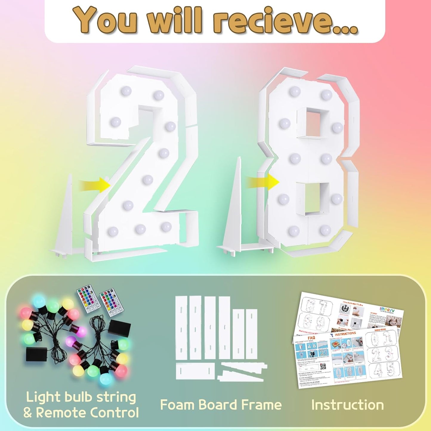 Marquee Numbers 28th-Birthday Decoration: Colorful 4FT Large Light Up 28 Year Old Birthday Decorations Anniversary Backdrop for Boys Girls Cardboard Sign 18 Colors Number 28 Mosaic Balloon Frame