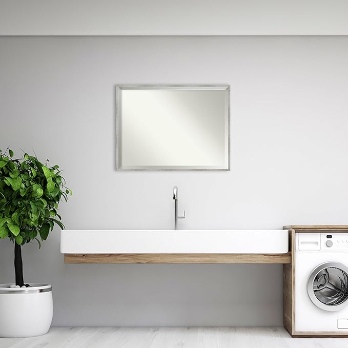 Amanti Art White Bathroom Mirror for Over Sink, 31x41 Shiplap White Narrow Rectangle Vanity Mirror, X-Large Cottage Wood Frame, Hangs Horizonally and Vertically, Bathroom Wall Decor, Beveled Edge