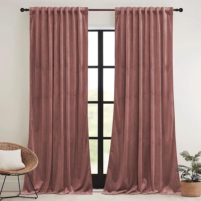 RYB HOME Wild Rose Pink Velvet Curtains 90 inches Long by RYBHOME