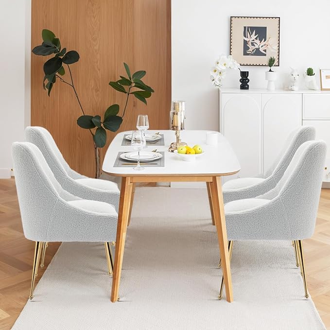 Dining Chairs Medieval Modern Restaurant Chairs, Soft Cushions, Teddy Velvet, Polished Gold Metal Legs, Kitchen Chairs, Living Room White 4-Piece Set