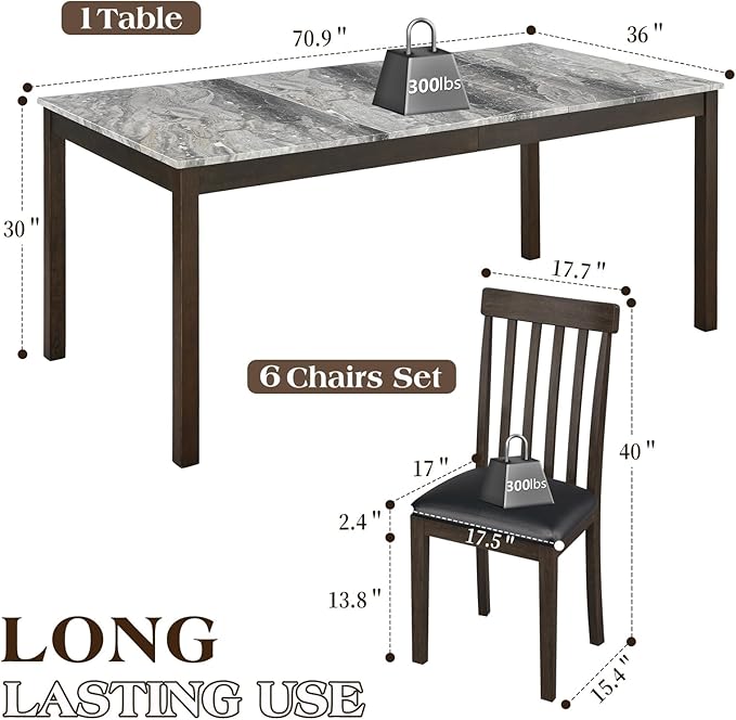 7-Piece Dining Table Set, 71" Faux Marble Kitchen Table with 6 Chairs, Solid Wood Curved Backrests & PU Cushioned Seats, Kitchen Table Chairs Set for Living Room, Dining Room
