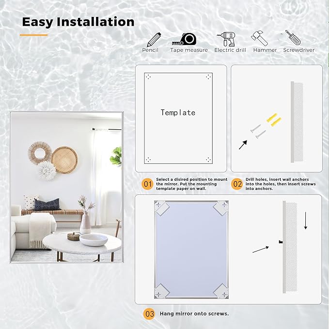24x40 Inch Nickel Bathroom Mirror for Wall, Aluminum Frame Rectangle Rectangular Vanity Mirror, Modern Large for Bedroom, Living Room, Horizontal or Vertical
