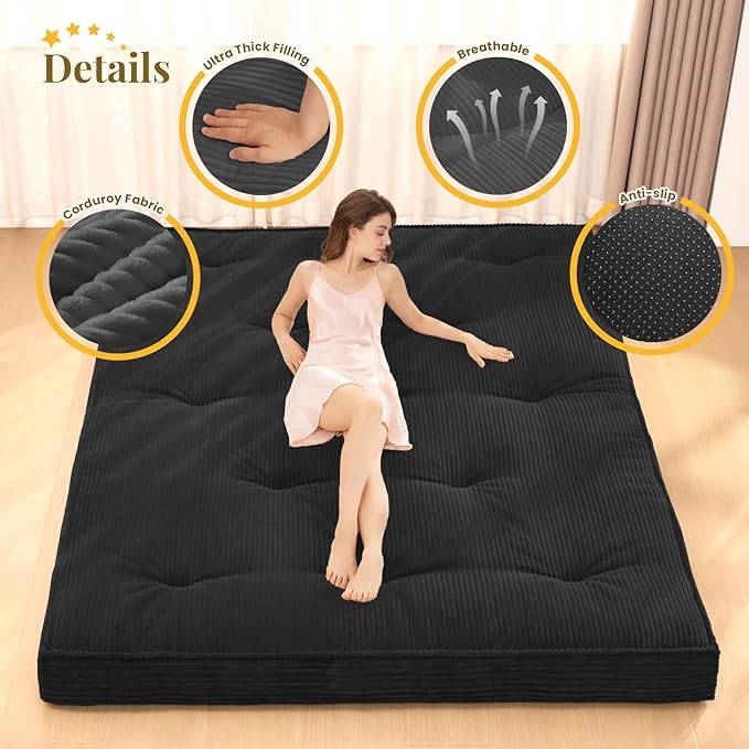 Japanese Floor Mattress, 4" Thicken Futon Mattress Twin Size Sleeping Pad, Corduroy Foldable Mattress Pad Roll Up Tatami Mat Floor Mattress for Adults（Black）