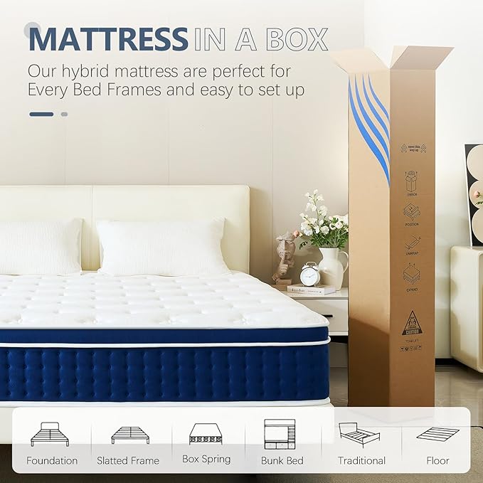 Queen Mattress, 14 Inch Queen Size Hybrid Mattress in a Box, Gel Memory Foam and Pocket Coils Innerpring Mattresses with Ergonomic Design, Cooler Sleep with Pressure Relief and Support, 60"*80"*14"
