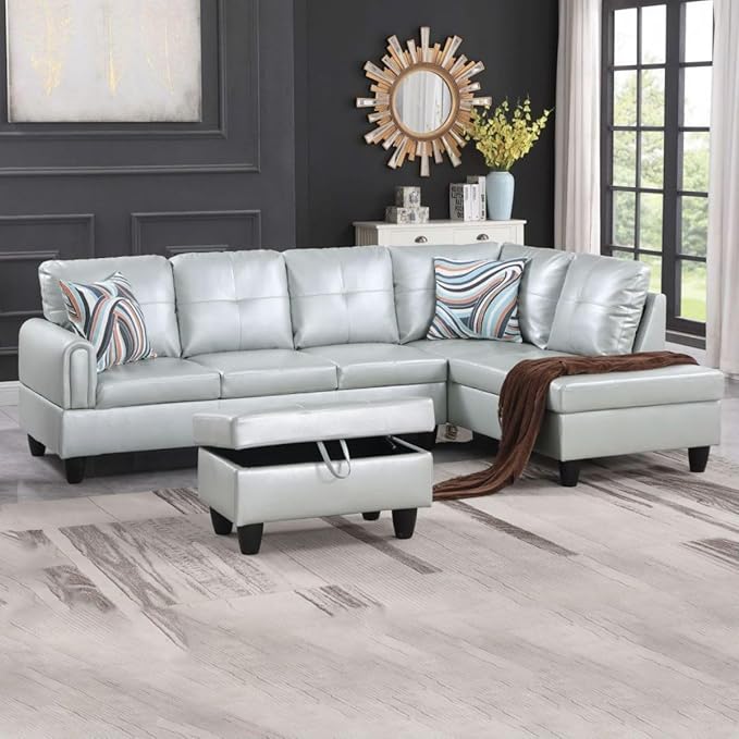 Silver Green L-Shaped 3-Piece Faux Leather Sofa with Storage Ottoman Set, Sectional Couch Sofa Set for Living Room, Office, Small Space