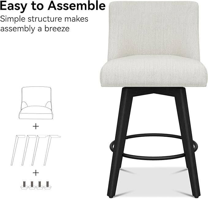 Counter Height Bar Stools Set of 8, Modern Swivel Barstools with Back and Wood Legs, Linen Fabric Upholstered Bar Chairs, 26" H Kitchen Counter Stools, Kitchen Island Home Bar, Ivory