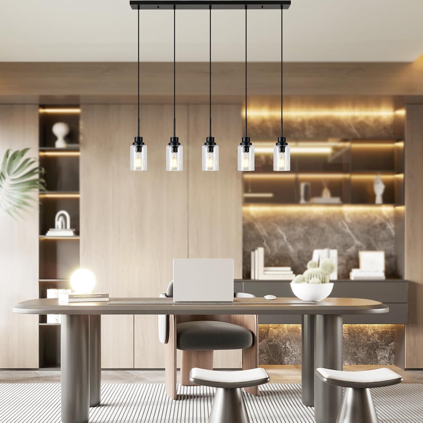 Black Dimmable Pendant Lighting for Kitchen Island, 5-Light Modern Pendant Lights for Kitchen Restaurant Living Room with Clear Glass Shade