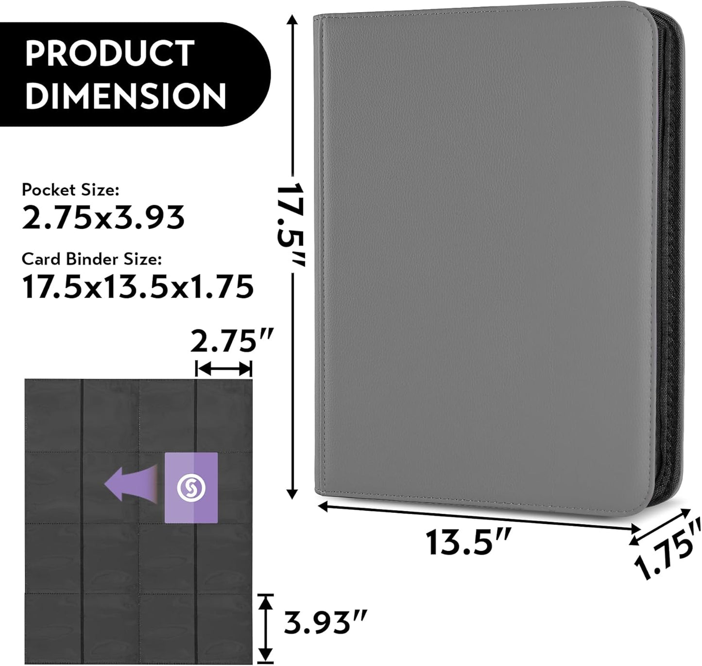 1000+ Pockets Trading Card Binder, Premium 16 Pocket Card Binder, Ringless Side Loading Collection Album Holder Folders for MTG, TCG, Game Cards & Sports Cards (Grey)