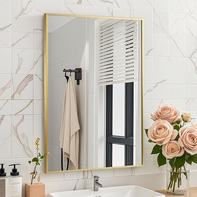 Brushed Gold Mirror, 30x36 Inch Aluminum Framed Rectangle Mirror, Anti-Rust, Tempered Glass, Square Corner Wall Mirror for Over Sink, Vanity, Bedroom, Entryway, Horizontal/Vertical