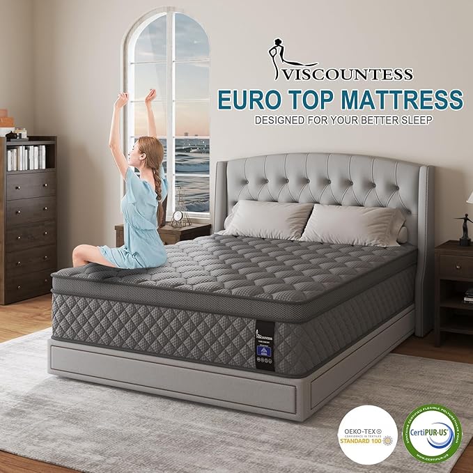 Queen Mattress, 12 Inch Hybrid Mattresses Grey, Euro Top Medium Firm for Back & Lumbar Support, 100 Night Trial, Individual Pocket Spring for Motion Isolation & Pressure Relief