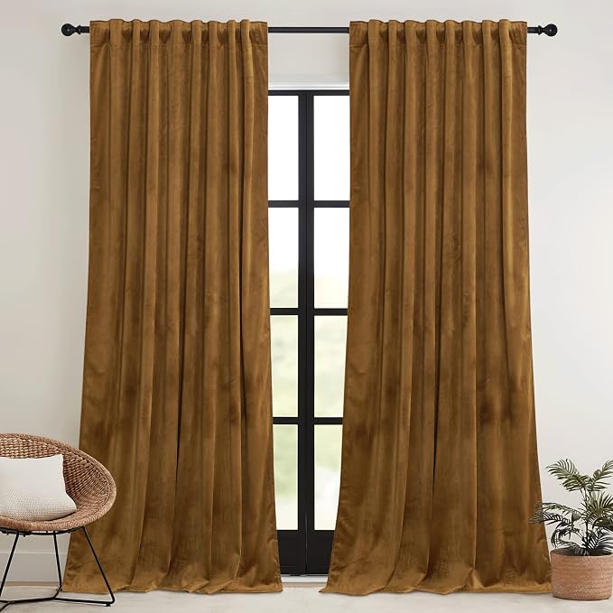 RYB HOME Gold Brown Velvet Curtains 72 inches - Image 2