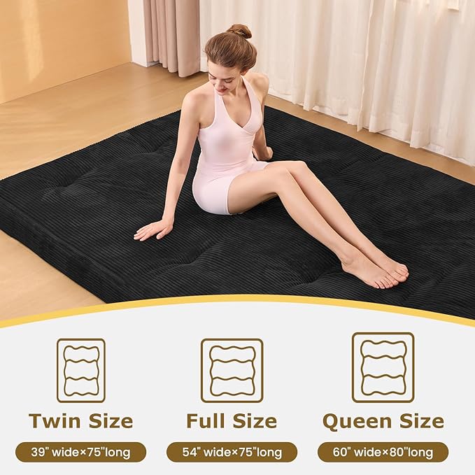 Japanese Floor Mattress, 4" Thicken Futon Mattress Twin Size Sleeping Pad, Corduroy Foldable Mattress Pad Roll Up Tatami Mat Floor Mattress for Adults（Black）