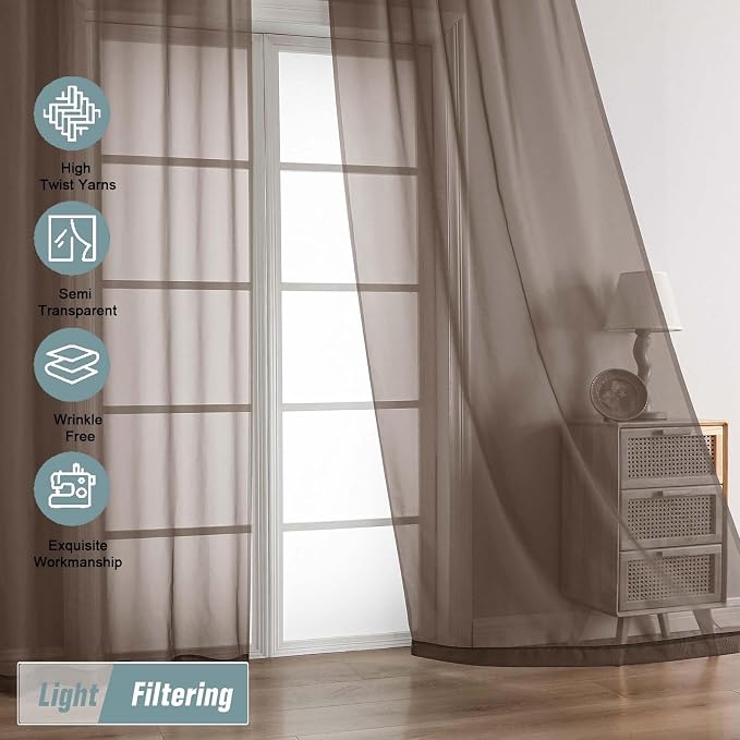 Chocolate Sheer Curtains 63 Inch Length 2 Panels, Voile Sheer Curtain - Image 5