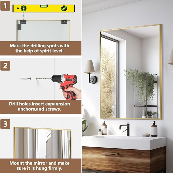 Gold Bathroom Mirror, 24"x36" Rectangle Mirror, Brushed Gold Mirror, Metal Frame Square Corner Vanity Mirror, Wall Mounted Mirror for Modern, Living Room, Bedroom, Horizontal Or Vertical