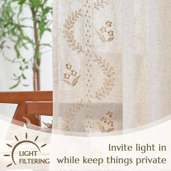 jinchan Belrose Linen Curtains for Bedroom Floral Curtains 84 Inch Length Linen - Image 5