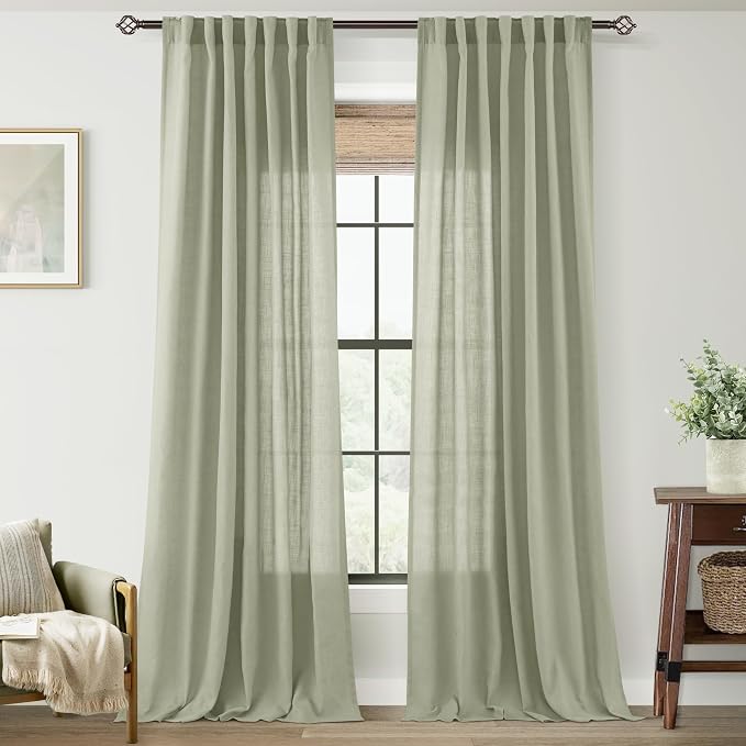 Linen Blend Sage Green Curtains 96 inch Length 2 Panels by Jolilight