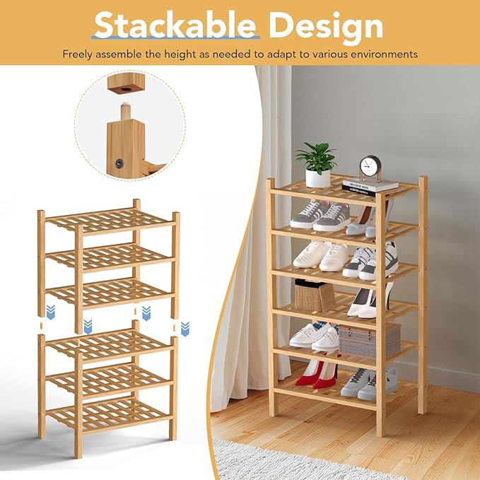 Haddockway small 6 Tier Bamboo Shoe Rack Storage Organizer,Multifunctional Free Standing Stackable Shoe Shelf with Grid Panel for Closet,Hallway,Entryway,Small Space 18"x11"x34"(Natural, 6-Tier Small)